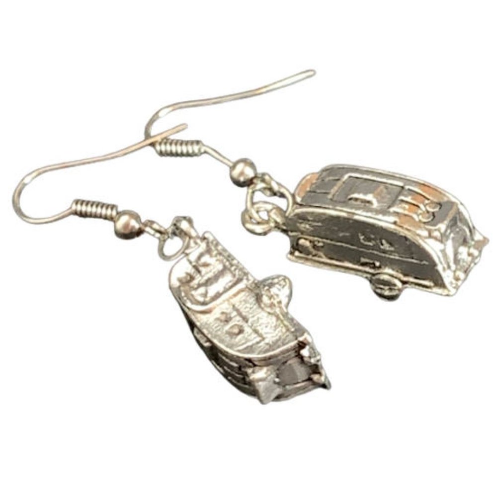 NEW Vintage Happy Camper Earrings Silver French Hook Airstream Travel Trailer RV